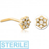 STERILE GOLD PVD COATED SURGICAL STEEL 90 DEGREE JEWELLED NOSE STUD - FLOWER