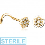 STERILE GOLD PVD COATED SURGICAL STEEL CURVED JEWELLED NOSE STUD - FLOWER