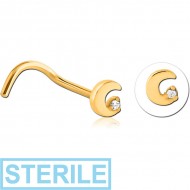 STERILE GOLD PVD COATED SURGICAL STEEL CURVED JEWELLED NOSE STUD