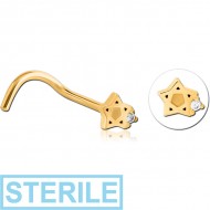 STERILE GOLD PVD COATED SURGICAL STEEL CURVED JEWELLED NOSE STUD