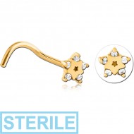 STERILE GOLD PVD COATED SURGICAL STEEL CURVED JEWELLED NOSE STUD