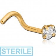 STERILE GOLD PVD COATED SURGICAL STEEL CURVED PRONG SET HEART JEWELLED NOSE STUD PIERCING