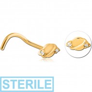 STERILE GOLD PVD COATED SURGICAL STEEL CURVED JEWELLED NOSE STUD