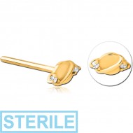 STERILE GOLD PVD COATED SURGICAL STEEL STRAIGHT JEWELLED NOSE STUD