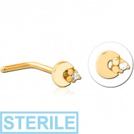 STERILE GOLD PVD COATED SURGICAL STEEL 90 DEGREE JEWELLED NOSE STUD