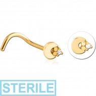 STERILE GOLD PVD COATED SURGICAL STEEL CURVED JEWELLED NOSE STUD