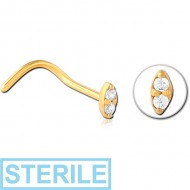 STERILE GOLD PVD COATED SURGICAL STEEL CURVED JEWELLED NOSE STUD