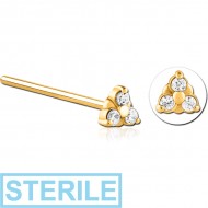 STERILE GOLD PVD COATED SURGICAL STEEL STRAIGHT JEWELLED NOSE STUD