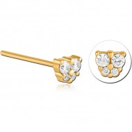 STERILE GOLD PVD COATED SURGICAL STEEL STRAIGHT JEWELLED NOSE STUD