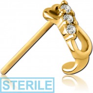 STERILE GOLD PVD COATED SURGICAL STEEL STRAIGHT JEWELLED WRAP AROUND NOSE STUD - TRIPLE GEM HEART