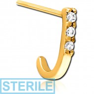 STERILE GOLD PVD COATED SURGICAL STEEL STRAIGHT JEWELLED WRAP AROUND NOSE STUD - TRIPLE GEM SQUARE BAR