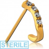 STERILE GOLD PVD COATED SURGICAL STEEL STRAIGHT JEWELLED WRAP AROUND NOSE STUD - QUADRUPLE GEMS ROUND BAR