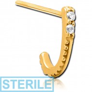 STERILE GOLD PVD COATED SURGICAL STEEL STRAIGHT JEWELLED WRAP AROUND NOSE STUD - DOUBLE GEM LINE