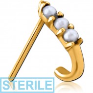 STERILE GOLD PVD COATED SURGICAL STEEL STRAIGHT JEWELLED WRAP AROUND NOSE STUD - TRIPLE PEARLS