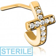 STERILE GOLD PVD COATED SURGICAL STEEL 90 DEGREE JEWELLED WRAP AROUND NOSE STUD - CROSS EITH GEMS