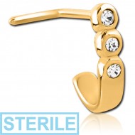 STERILE GOLD PVD COATED SURGICAL STEEL 90 DEGREE JEWELLED WRAP AROUND NOSE STUD - TRIPLE ROUND GEMS