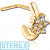 STERILE GOLD PVD COATED SURGICAL STEEL 90 DEGREE JEWELLED WRAP AROUND NOSE STUD - 7 GEM FLOWER