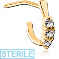STERILE GOLD PVD COATED SURGICAL STEEL 90 DEGREE JEWELLED WRAP AROUND NOSE STUD - THREE GEMS ROUND