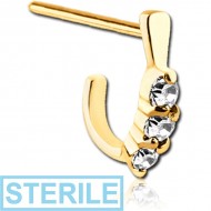 STERILE GOLD PVD COATED SURGICAL STEEL STRAIGHT JEWELLED WRAP AROUND NOSE STUD - THREE GEMS ROUND