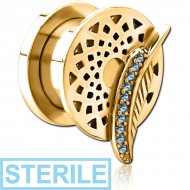 STERILE GOLD PVD COATED STAINLESS STEEL THREADED TUNNEL WITH SURGICAL STEEL JEWELLED TOP