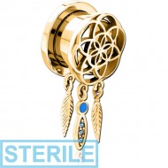 STERILE GOLD PVD COATED STAINLESS STEEL THREADED TUNNEL WITH SURGICAL STEEL JEWELLED TOP