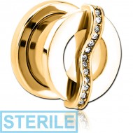 STERILE GOLD PVD COATED STAINLESS STEEL THREADED TUNNEL WITH SURGICAL STEEL JEWELLED TOP