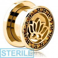 STERILE GOLD PVD COATED STAINLESS STEEL THREADED TUNNEL WITH SURGICAL STEEL JEWELLED TOP