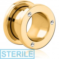 STERILE GOLD PVD COATED STAINLESS STEEL THREADED TUNNEL WITH SURGICAL STEEL JEWELLED TOP