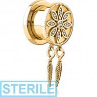 STERILE GOLD PVD COATED STAINLESS STEEL THREADED TUNNEL WITH SURGICAL STEEL JEWELLED TOP