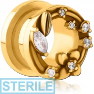 STERILE GOLD PVD COATED STAINLESS STEEL THREADED TUNNEL WITH SURGICAL STEEL JEWELLED TOP