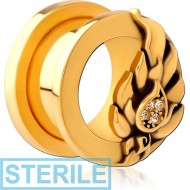 STERILE GOLD PVD COATED STAINLESS STEEL THREADED TUNNEL WITH SURGICAL STEEL JEWELLED TOP