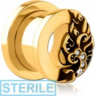 STERILE GOLD PVD COATED STAINLESS STEEL THREADED TUNNEL WITH SURGICAL STEEL JEWELLED TOP