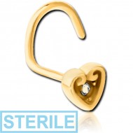 STERILE GOLD PVD COATED SURGICAL STEEL JEWELLED LARGE CURVE NOSE STUD - HEART
