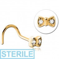 STERILE GOLD PVD COATED SURGICAL STEEL JEWELLED LARGE CURVE NOSE STUD - BOW