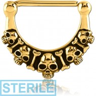 STERILE GOLD PVD COATED SURGICAL STEEL NIPPLE CLICKER - SKULLS AND BONES