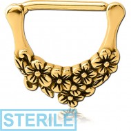 STERILE GOLD PVD COATED SURGICAL STEEL NIPPLE CLICKER - FLOWERS