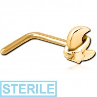 STERILE GOLD PVD COATED SURGICAL STEEL 90 DEGREE NOSE STUD - ANNULAR ECLIPSE AND STAR