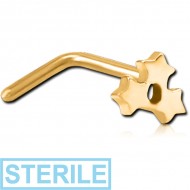 STERILE GOLD PVD COATED SURGICAL STEEL 90 DEGREE NOSE STUD - TRIPLE STAR
