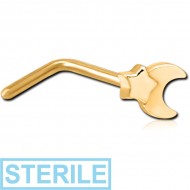 STERILE GOLD PVD COATED SURGICAL STEEL 90 DEGREE NOSE STUD - CRESEENT AND STAR