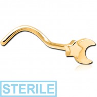 STERILE GOLD PVD COATED SURGICAL STEEL CURVED NOSE STUD - CRESEENT AND STAR