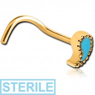 STERILE GOLD PVD COATED SURGICAL STEEL CURVED NOSE STUD - WATER DROP