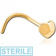 STERILE GOLD PVD COATED SURGICAL STEEL CURVED NOSE STUD - 3D HEART