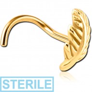 STERILE GOLD PVD COATED SURGICAL STEEL CURVED NOSE STUD - LEAVES