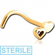 STERILE GOLD PVD COATED SURGICAL STEEL CURVED NOSE STUD - DOUBLE HEARTS