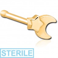 STERILE GOLD PVD COATED SURGICAL STEEL NOSE BONE - CRESCENT AND STAR