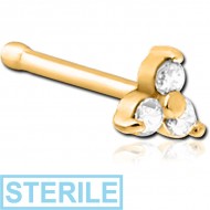 STERILE GOLD PVD COATED SURGICAL STEEL JEWELLED TRINITY NOSE BONE
