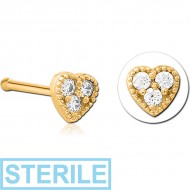 STERILE GOLD PVD COATED SURGICAL STEEL JEWELLED NOSE BONE - HEART