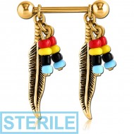 STERILE GOLD PVD COATED SURGICAL STEEL NIPPLE SHIELD - BEADS AND FEATHER