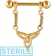 STERILE GOLD PVD COATED SURGICAL STEEL JEWELLED NIPPLE SHIELD - TRIQUETRA WITH CHAIN