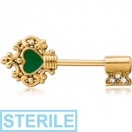 STERILE GOLD PVD COATED JEWELLED SURGICAL STEEL NIPPLE BAR WITH ENAMEL - KEY